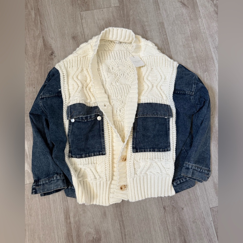Altar’d State Chunky Cable Knit Cardigan with Denim Sleeves